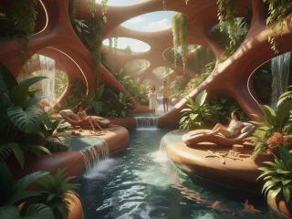 Grupo de pessoas felizes e diversas relaxando em um ambiente de arquitetura tropical brasileira com madeira e muita luz solar, ilustrando a tendência de bem-estar regenerativo para 2026.