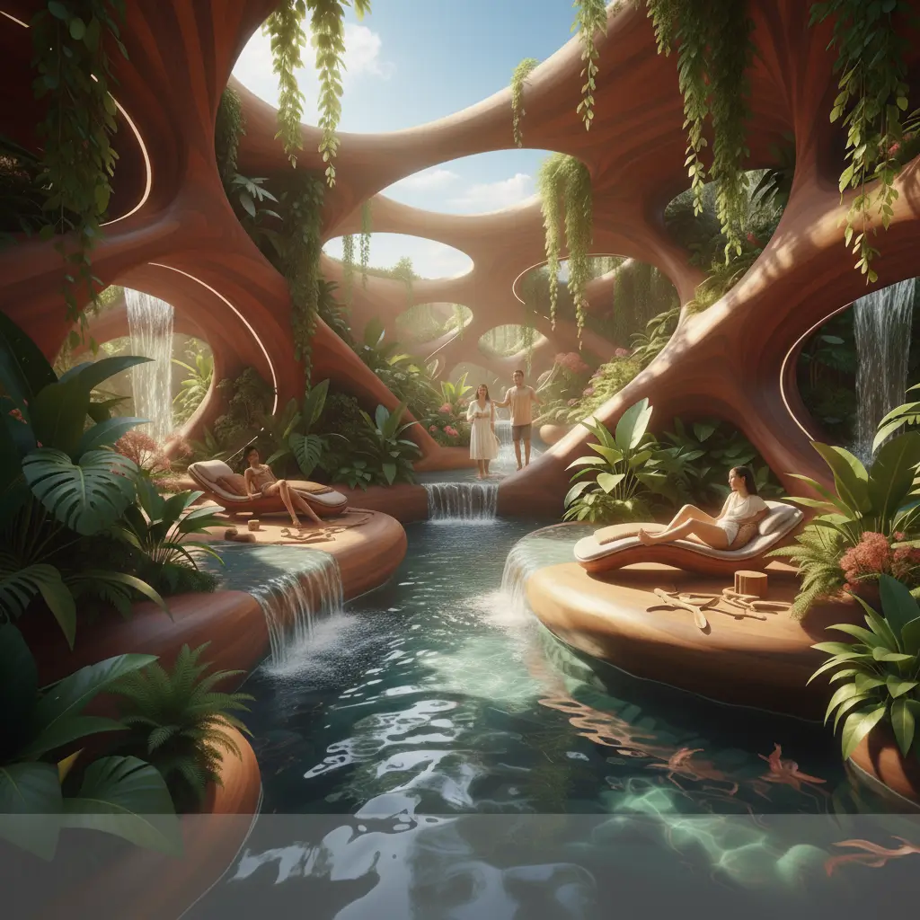 Grupo de pessoas felizes e diversas relaxando em um ambiente de arquitetura tropical brasileira com madeira e muita luz solar, ilustrando a tendência de bem-estar regenerativo para 2026.